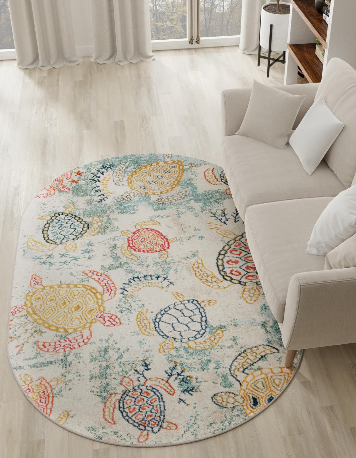 Beige 5' x 8' Positano Oval Area Rug Coastal Marine Beach Design Carpet for Modern Living Rooms, Dining, Bedroom, Office for Sale at Rug Engine