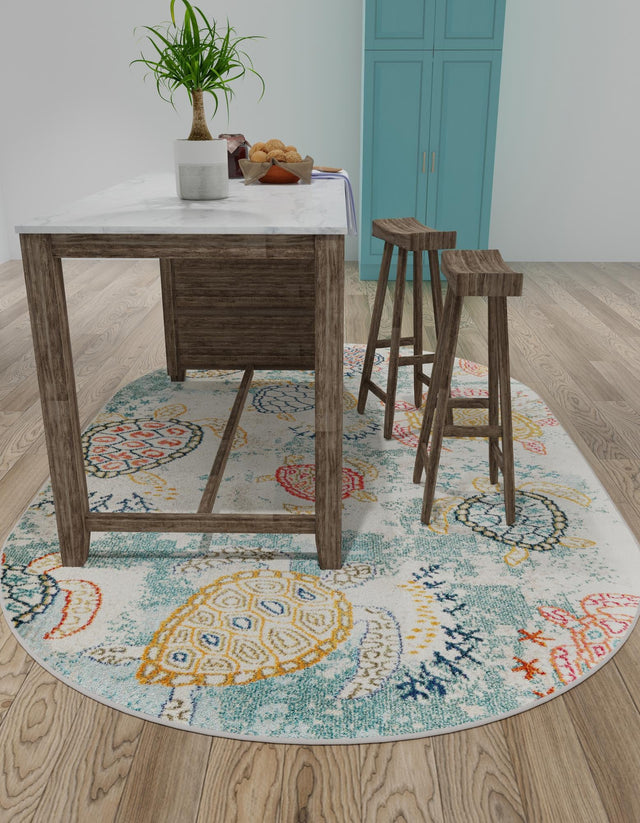 Beige 3' 3 x 5' 3 Positano Oval Area Rug Coastal Marine Beach Design Carpet for Modern Living Rooms, Dining, Bedroom, Office for Sale at Rug Engine