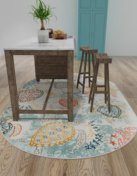 Beige 4' 1 x 6' 1 Positano Oval Area Rug Coastal Marine Beach Design Carpet for Modern Living Rooms, Dining, Bedroom, Office for Sale at Rug Engine