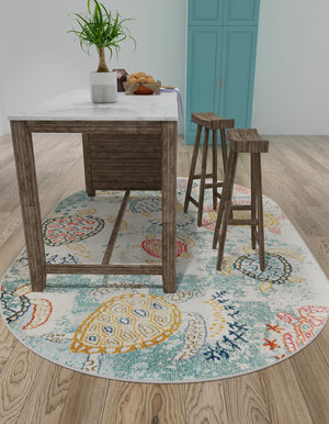 Beige 5' x 8' Positano Oval Area Rug Coastal Marine Beach Design Carpet for Modern Living Rooms, Dining, Bedroom, Office for Sale at Rug Engine