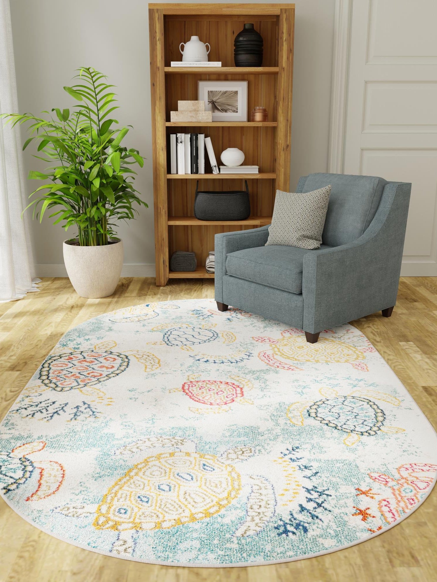 Beige 7' 10 x 10' Positano Oval Area Rug Coastal Marine Beach Design Carpet for Modern Living Rooms, Dining, Bedroom, Office for Sale at Rug Engine