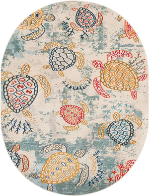 Beige 7' 10 x 10' Positano Oval Area Rug Coastal Marine Beach Design Carpet for Modern Living Rooms, Dining, Bedroom, Office for Sale at Rug Engine