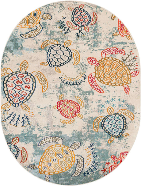 Beige 7' 10 x 10' Positano Oval Area Rug Coastal Marine Beach Design Carpet for Modern Living Rooms, Dining, Bedroom, Office for Sale at Rug Engine