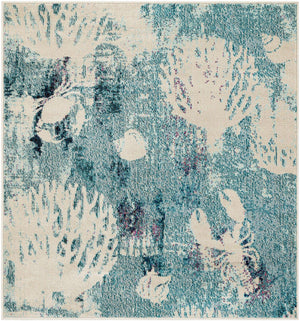 Light Blue 4' 1 x 4' 1 Positano Square Area Rug Coastal Marine Beach Design Carpet for Modern Living Rooms, Dining, Bedroom, Office for Sale at Rug Engine