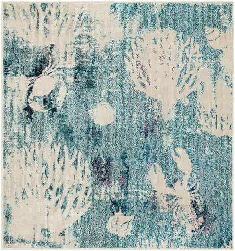 Light Blue 4' 1 x 4' 1 Positano Square Area Rug Coastal Marine Beach Design Carpet for Modern Living Rooms, Dining, Bedroom, Office for Sale at Rug Engine