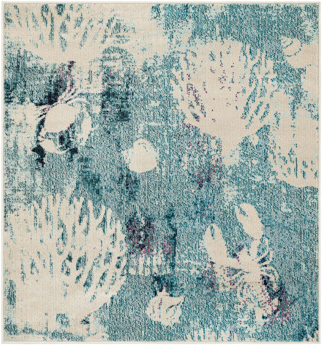 Light Blue 4' 1 x 4' 1 Positano Square Area Rug Coastal Marine Beach Design Carpet for Modern Living Rooms, Dining, Bedroom, Office for Sale at Rug Engine