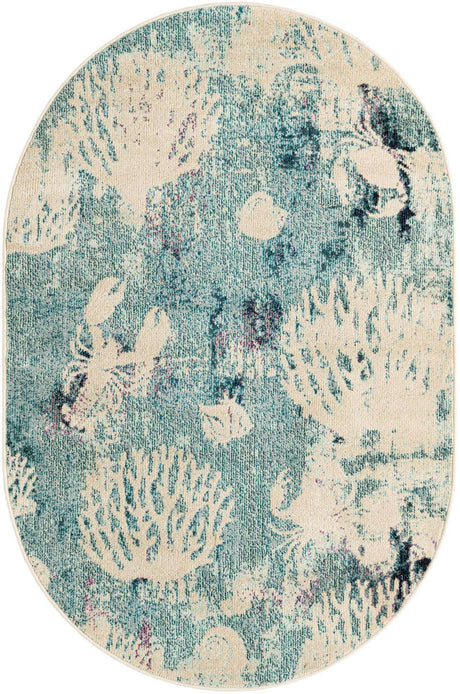 Light Blue 4' 1 x 6' 1 Positano Oval Area Rug Coastal Marine Beach Design Carpet for Modern Living Rooms, Dining, Bedroom, Office for Sale at Rug Engine
