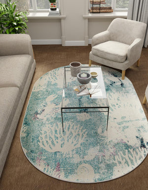 Light Blue 4' 1 x 6' 1 Positano Oval Area Rug Coastal Marine Beach Design Carpet for Modern Living Rooms, Dining, Bedroom, Office for Sale at Rug Engine