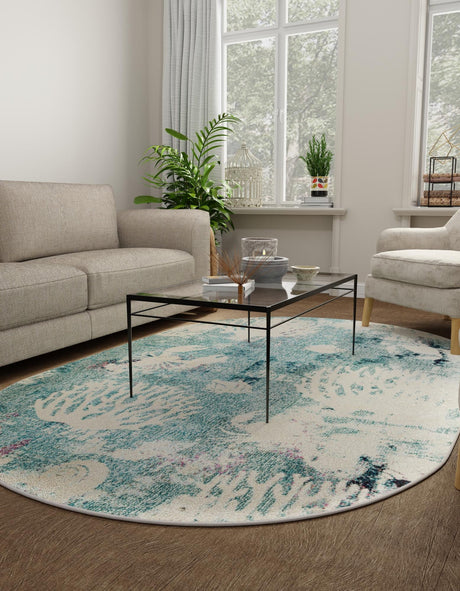 Light Blue 3' 3 x 5' 3 Positano Oval Area Rug Coastal Marine Beach Design Carpet for Modern Living Rooms, Dining, Bedroom, Office for Sale at Rug Engine