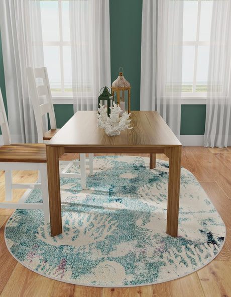 Light Blue 3' 3 x 5' 3 Positano Oval Area Rug Coastal Marine Beach Design Carpet for Modern Living Rooms, Dining, Bedroom, Office for Sale at Rug Engine