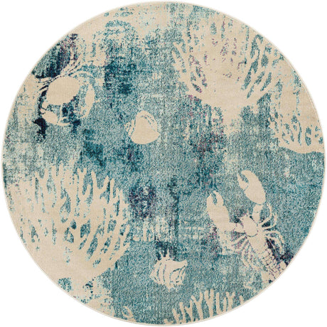 Light Blue 6' 1 x 6' 1 Positano Round Area Rug Coastal Marine Beach Design Carpet for Modern Living Rooms, Dining, Bedroom, Office for Sale at Rug Engine