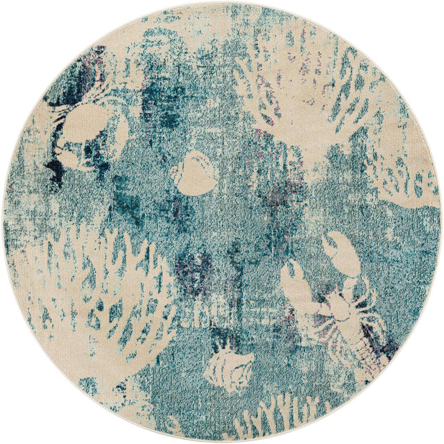 Light Blue 6' 1 x 6' 1 Positano Round Area Rug Coastal Marine Beach Design Carpet for Modern Living Rooms, Dining, Bedroom, Office for Sale at Rug Engine