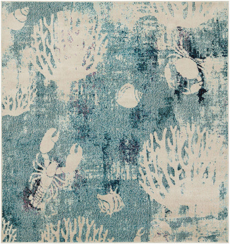 Light Blue 6' 1 x 6' 1 Positano Square Area Rug Coastal Marine Beach Design Carpet for Modern Living Rooms, Dining, Bedroom, Office for Sale at Rug Engine