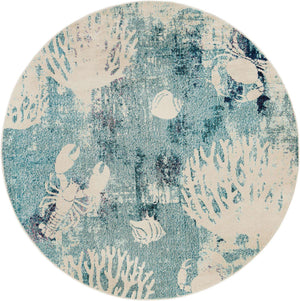 Light Blue 7' 1 x 7' 1 Positano Round Area Rug Coastal Marine Beach Design Carpet for Modern Living Rooms, Dining, Bedroom, Office for Sale at Rug Engine