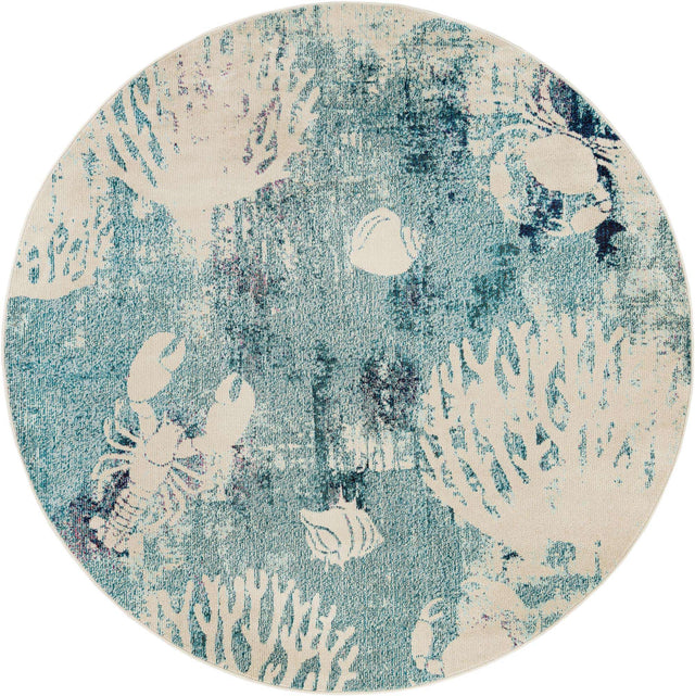 Light Blue 7' 1 x 7' 1 Positano Round Area Rug Coastal Marine Beach Design Carpet for Modern Living Rooms, Dining, Bedroom, Office for Sale at Rug Engine