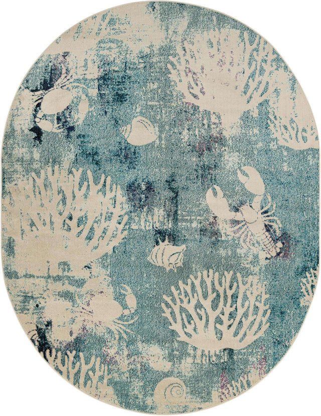Light Blue 7' 10 x 10' Positano Oval Area Rug Coastal Marine Beach Design Carpet for Modern Living Rooms, Dining, Bedroom, Office for Sale at Rug Engine