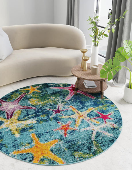 Navy Blue 7' 1 x 7' 1 Positano Round Area Rug Coastal Marine Beach Design Carpet for Modern Living Rooms, Dining, Bedroom, Office for Sale at Rug Engine