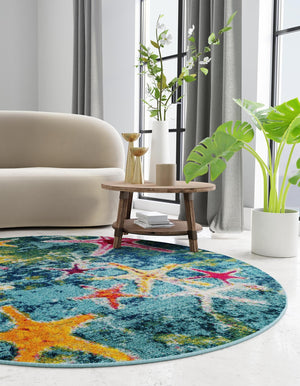 Navy Blue 5' 3 x 5' 3 Positano Round Area Rug Coastal Marine Beach Design Carpet for Modern Living Rooms, Dining, Bedroom, Office for Sale at Rug Engine