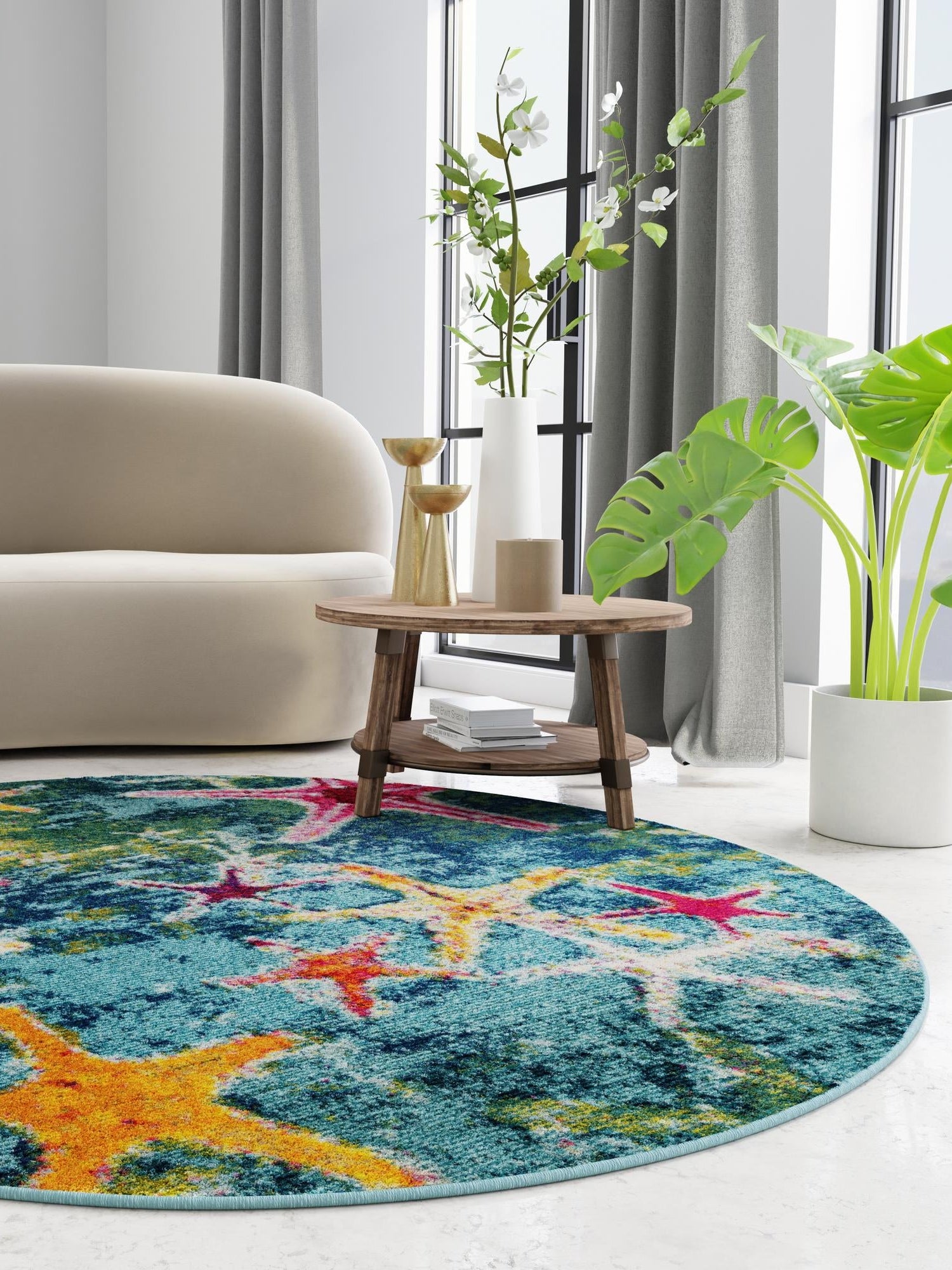 Navy Blue 10' x 10' Positano Round Area Rug Coastal Marine Beach Design Carpet for Modern Living Rooms, Dining, Bedroom, Office for Sale at Rug Engine