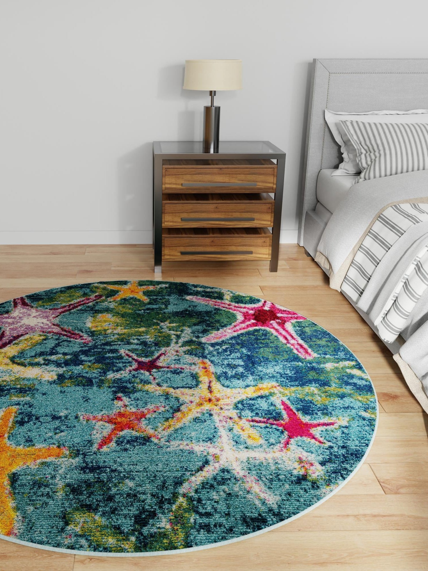 Navy Blue 7' 1 x 7' 1 Positano Round Area Rug Coastal Marine Beach Design Carpet for Modern Living Rooms, Dining, Bedroom, Office for Sale at Rug Engine
