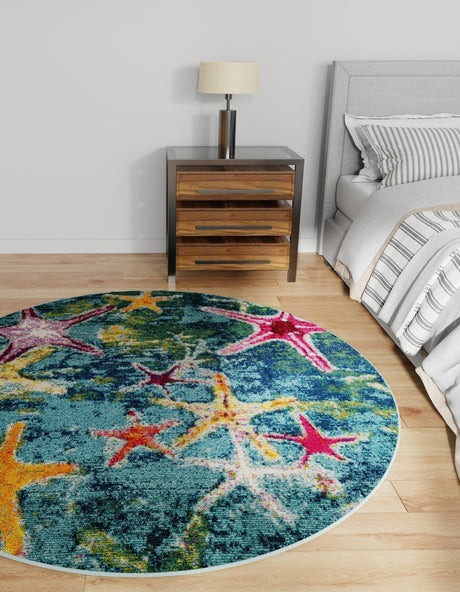 Navy Blue 5' 3 x 5' 3 Positano Round Area Rug Coastal Marine Beach Design Carpet for Modern Living Rooms, Dining, Bedroom, Office for Sale at Rug Engine