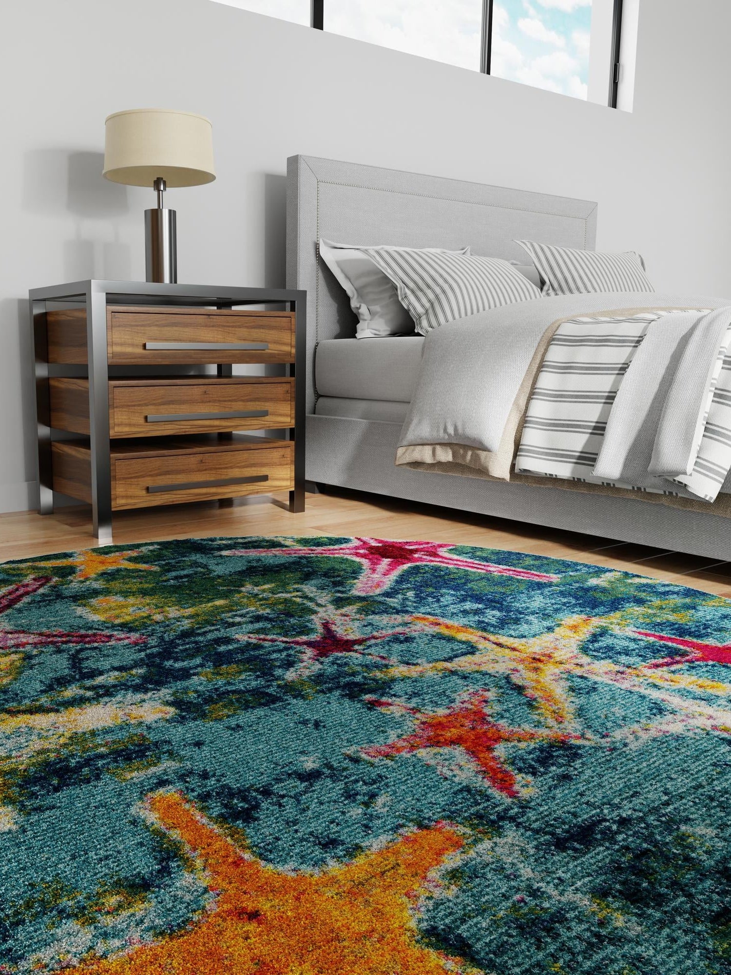 Navy Blue 7' 10 x 7' 10 Positano Round Area Rug Coastal Marine Beach Design Carpet for Modern Living Rooms, Dining, Bedroom, Office for Sale at Rug Engine
