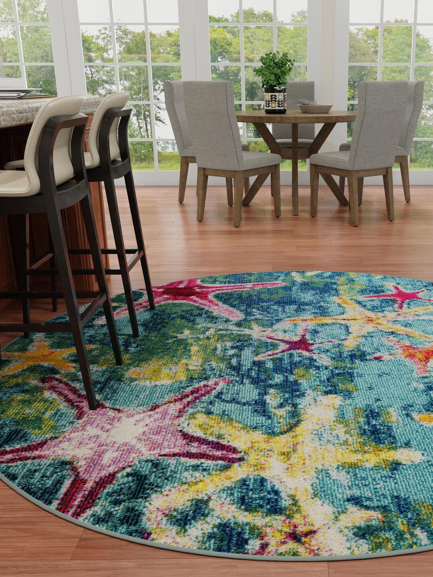 Navy Blue 7' 1 x 7' 1 Positano Round Area Rug Coastal Marine Beach Design Carpet for Modern Living Rooms, Dining, Bedroom, Office for Sale at Rug Engine