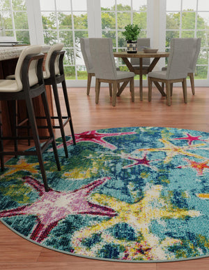 Navy Blue 7' 1 x 7' 1 Positano Round Area Rug Coastal Marine Beach Design Carpet for Modern Living Rooms, Dining, Bedroom, Office for Sale at Rug Engine