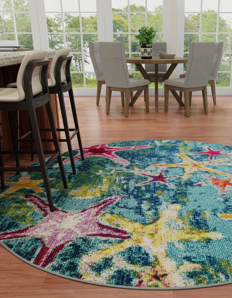 Navy Blue 7' 10 x 7' 10 Positano Round Area Rug Coastal Marine Beach Design Carpet for Modern Living Rooms, Dining, Bedroom, Office for Sale at Rug Engine