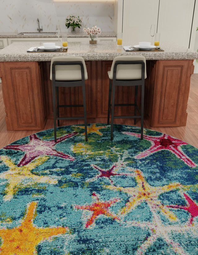 Navy Blue 5' 3 x 5' 3 Positano Round Area Rug Coastal Marine Beach Design Carpet for Modern Living Rooms, Dining, Bedroom, Office for Sale at Rug Engine