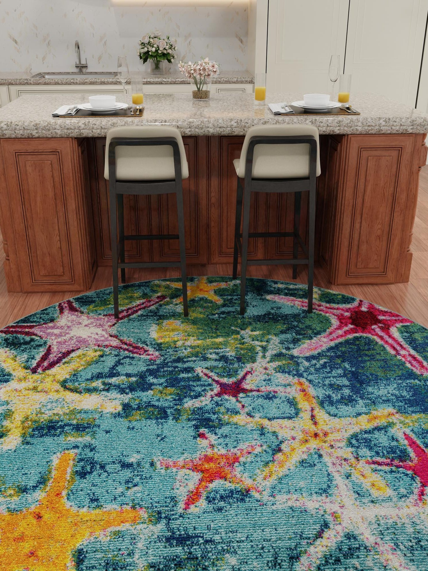 Navy Blue 10' x 10' Positano Round Area Rug Coastal Marine Beach Design Carpet for Modern Living Rooms, Dining, Bedroom, Office for Sale at Rug Engine
