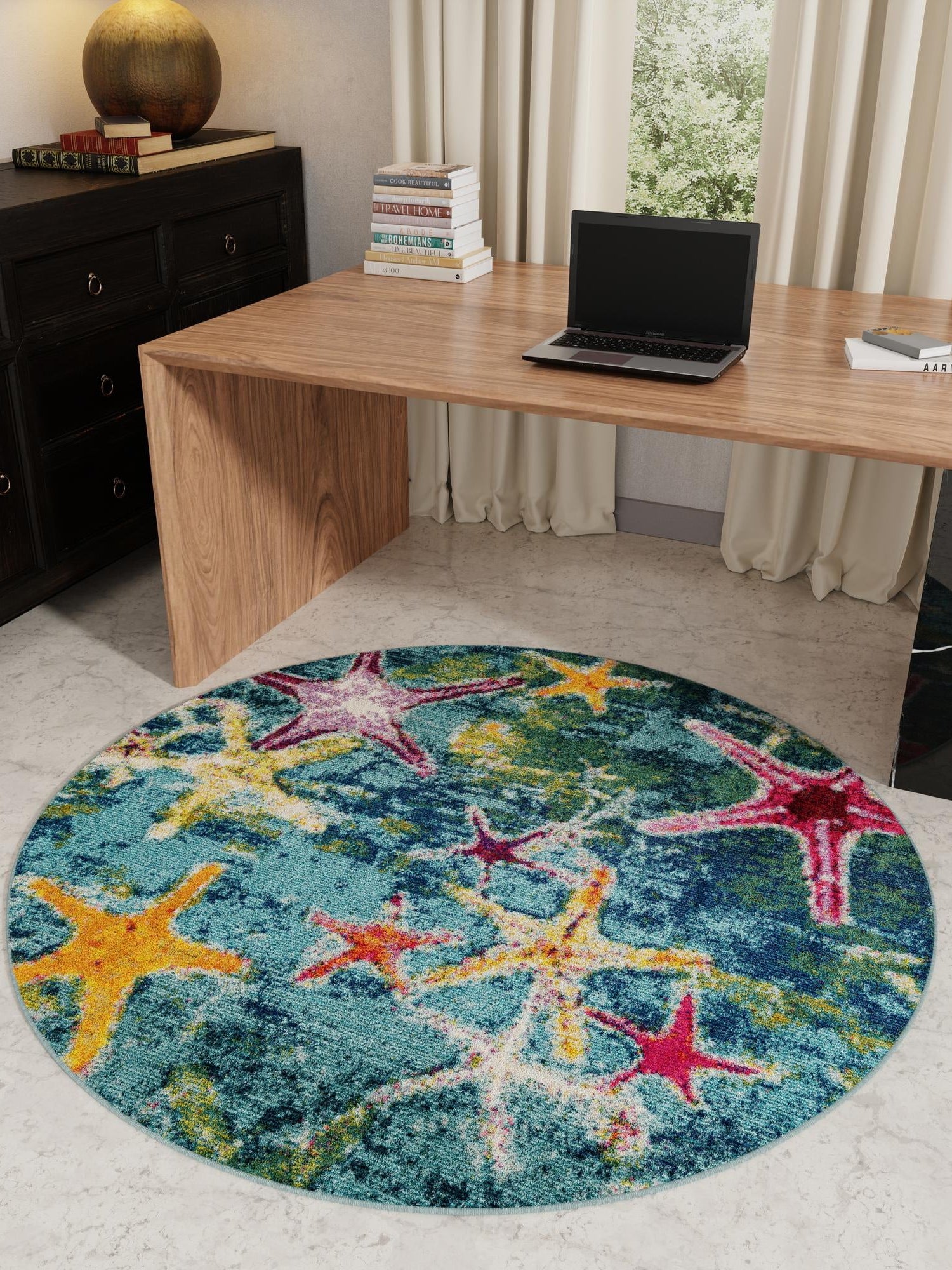 Navy Blue 7' 10 x 7' 10 Positano Round Area Rug Coastal Marine Beach Design Carpet for Modern Living Rooms, Dining, Bedroom, Office for Sale at Rug Engine