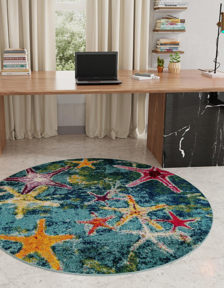 Navy Blue 7' 10 x 7' 10 Positano Round Area Rug Coastal Marine Beach Design Carpet for Modern Living Rooms, Dining, Bedroom, Office for Sale at Rug Engine