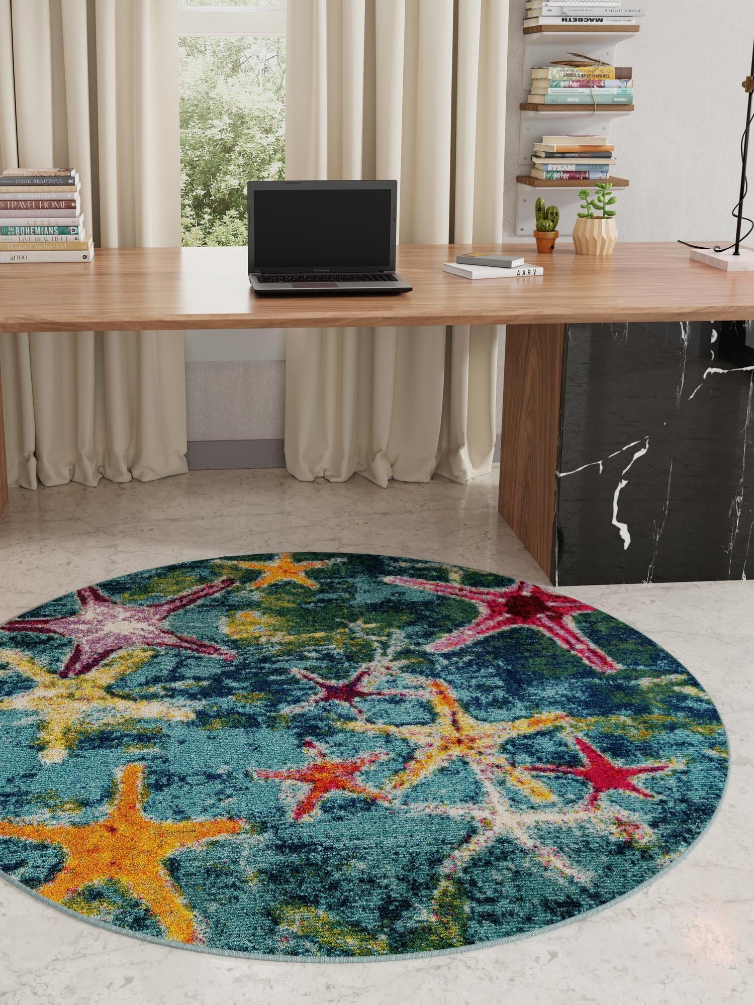 Navy Blue 7' 1 x 7' 1 Positano Round Area Rug Coastal Marine Beach Design Carpet for Modern Living Rooms, Dining, Bedroom, Office for Sale at Rug Engine
