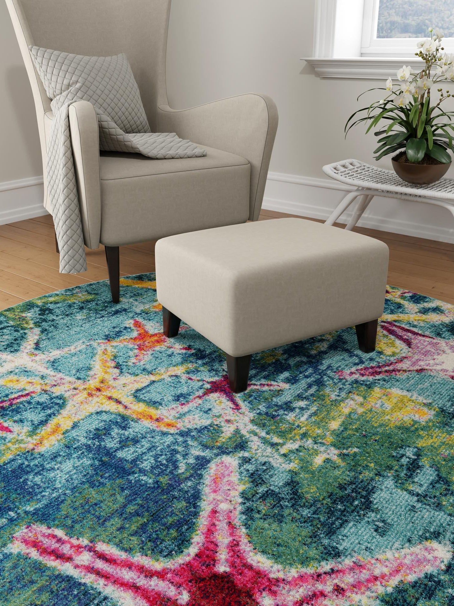 Navy Blue 7' 1 x 7' 1 Positano Round Area Rug Coastal Marine Beach Design Carpet for Modern Living Rooms, Dining, Bedroom, Office for Sale at Rug Engine
