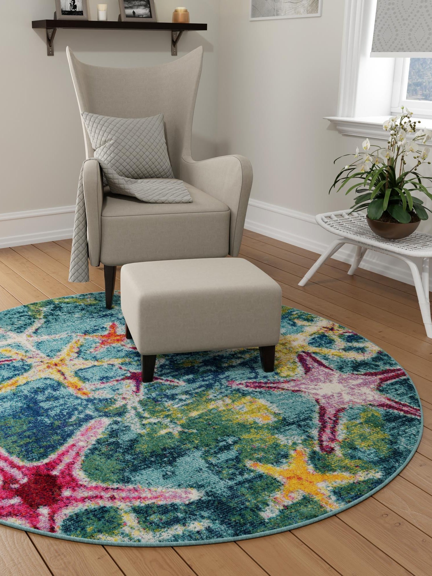Navy Blue 5' 3 x 5' 3 Positano Round Area Rug Coastal Marine Beach Design Carpet for Modern Living Rooms, Dining, Bedroom, Office for Sale at Rug Engine