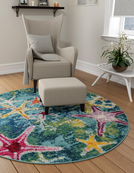 Navy Blue 5' 3 x 5' 3 Positano Round Area Rug Coastal Marine Beach Design Carpet for Modern Living Rooms, Dining, Bedroom, Office for Sale at Rug Engine
