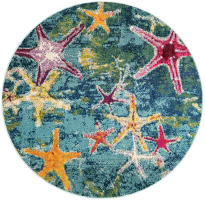 Navy Blue 5' 3 x 5' 3 Positano Round Area Rug Coastal Marine Beach Design Carpet for Modern Living Rooms, Dining, Bedroom, Office for Sale at Rug Engine
