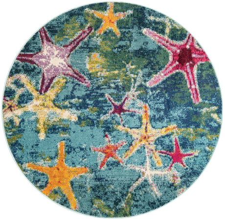 Navy Blue 5' 3 x 5' 3 Positano Round Area Rug Coastal Marine Beach Design Carpet for Modern Living Rooms, Dining, Bedroom, Office for Sale at Rug Engine
