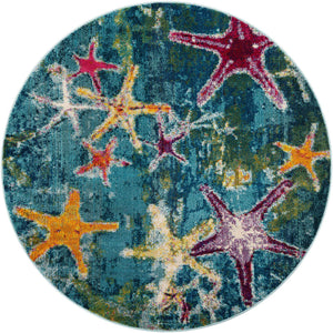 Navy Blue 6' 1 x 6' 1 Positano Round Area Rug Coastal Marine Beach Design Carpet for Modern Living Rooms, Dining, Bedroom, Office for Sale at Rug Engine