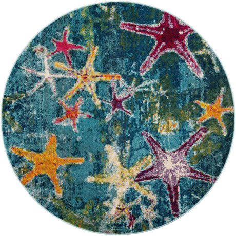 Navy Blue 6' 1 x 6' 1 Positano Round Area Rug Coastal Marine Beach Design Carpet for Modern Living Rooms, Dining, Bedroom, Office for Sale at Rug Engine