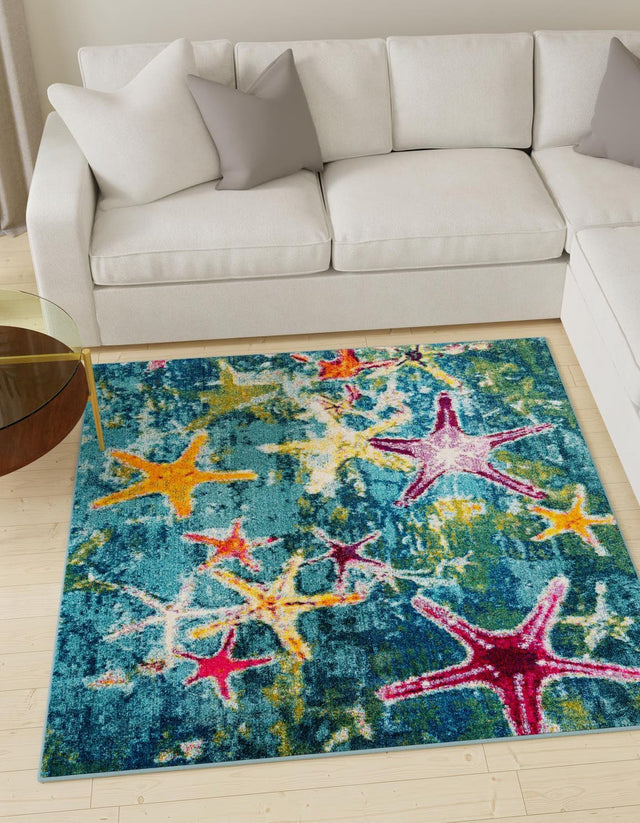 Navy Blue 7' 10 x 7' 10 Positano Square Area Rug Coastal Marine Beach Design Carpet for Modern Living Rooms, Dining, Bedroom, Office for Sale at Rug Engine
