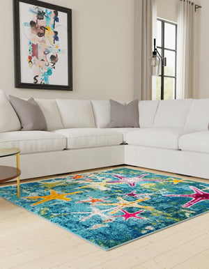 Navy Blue 5' 3 x 5' 3 Positano Square Area Rug Coastal Marine Beach Design Carpet for Modern Living Rooms, Dining, Bedroom, Office for Sale at Rug Engine