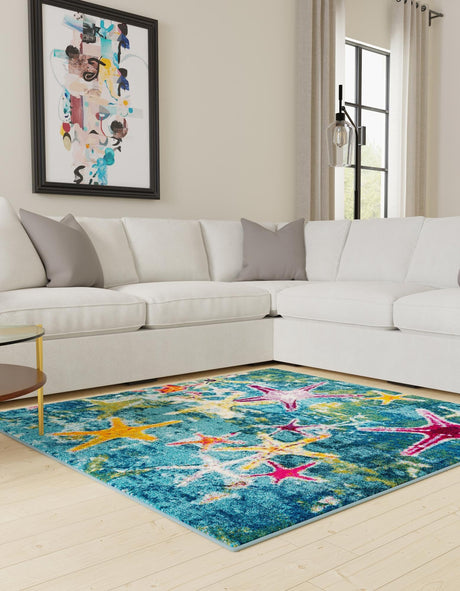 Navy Blue 7' 10 x 7' 10 Positano Square Area Rug Coastal Marine Beach Design Carpet for Modern Living Rooms, Dining, Bedroom, Office for Sale at Rug Engine