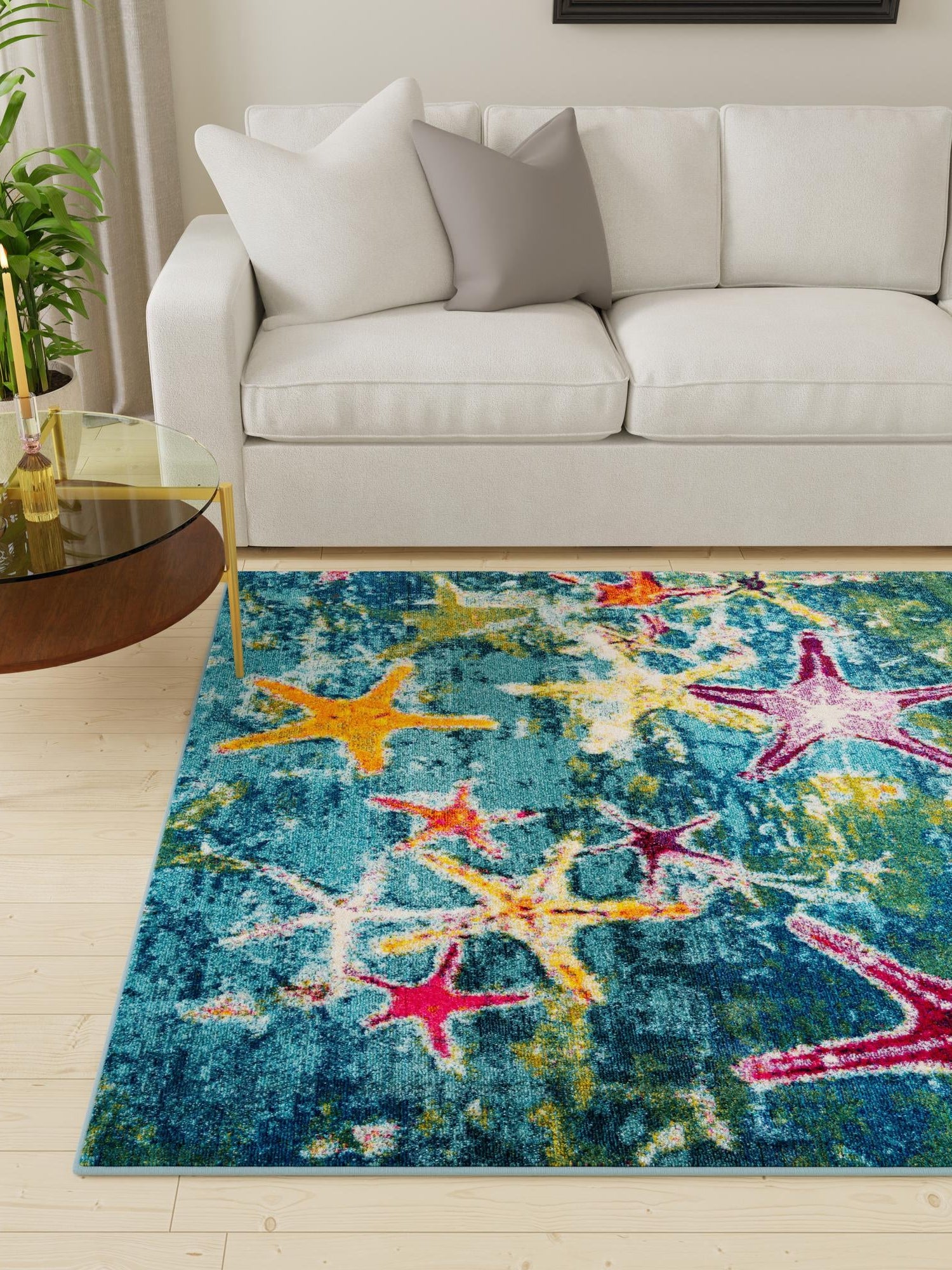 Navy Blue 5' 3 x 5' 3 Positano Square Area Rug Coastal Marine Beach Design Carpet for Modern Living Rooms, Dining, Bedroom, Office for Sale at Rug Engine