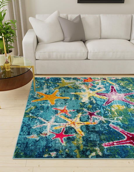 Navy Blue 7' 10 x 7' 10 Positano Square Area Rug Coastal Marine Beach Design Carpet for Modern Living Rooms, Dining, Bedroom, Office for Sale at Rug Engine