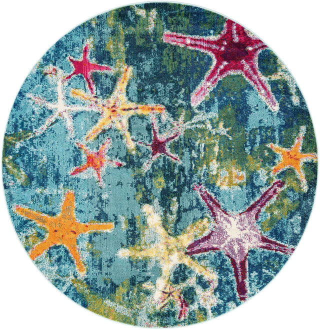 Navy Blue 7' 1 x 7' 1 Positano Round Area Rug Coastal Marine Beach Design Carpet for Modern Living Rooms, Dining, Bedroom, Office for Sale at Rug Engine