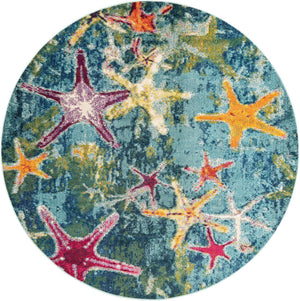 Navy Blue 7' 10 x 7' 10 Positano Round Area Rug Coastal Marine Beach Design Carpet for Modern Living Rooms, Dining, Bedroom, Office for Sale at Rug Engine