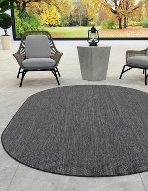 Black 5' 3 x 8' Outdoor Solid Oval Area Rug Weather Resistant for Patio, Deck, Terrace, Balcony, Porch 100% Polypropylene Minimalist Waterproof Carpet for Sale at Rug Engine