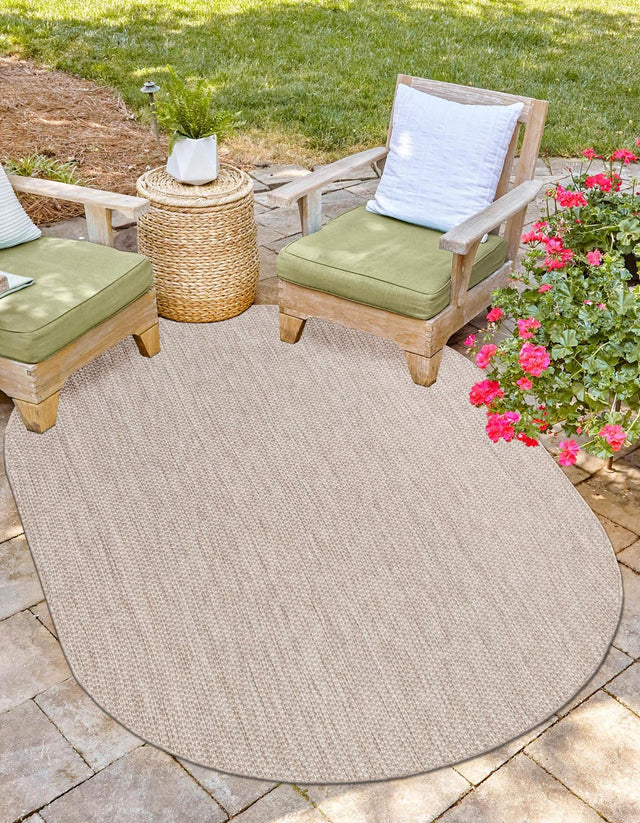 Beige 5' 3 x 8' Outdoor Solid Oval Area Rug Weather Resistant for Patio, Deck, Terrace, Balcony, Porch 100% Polypropylene Minimalist Waterproof Carpet for Sale at Rug Engine